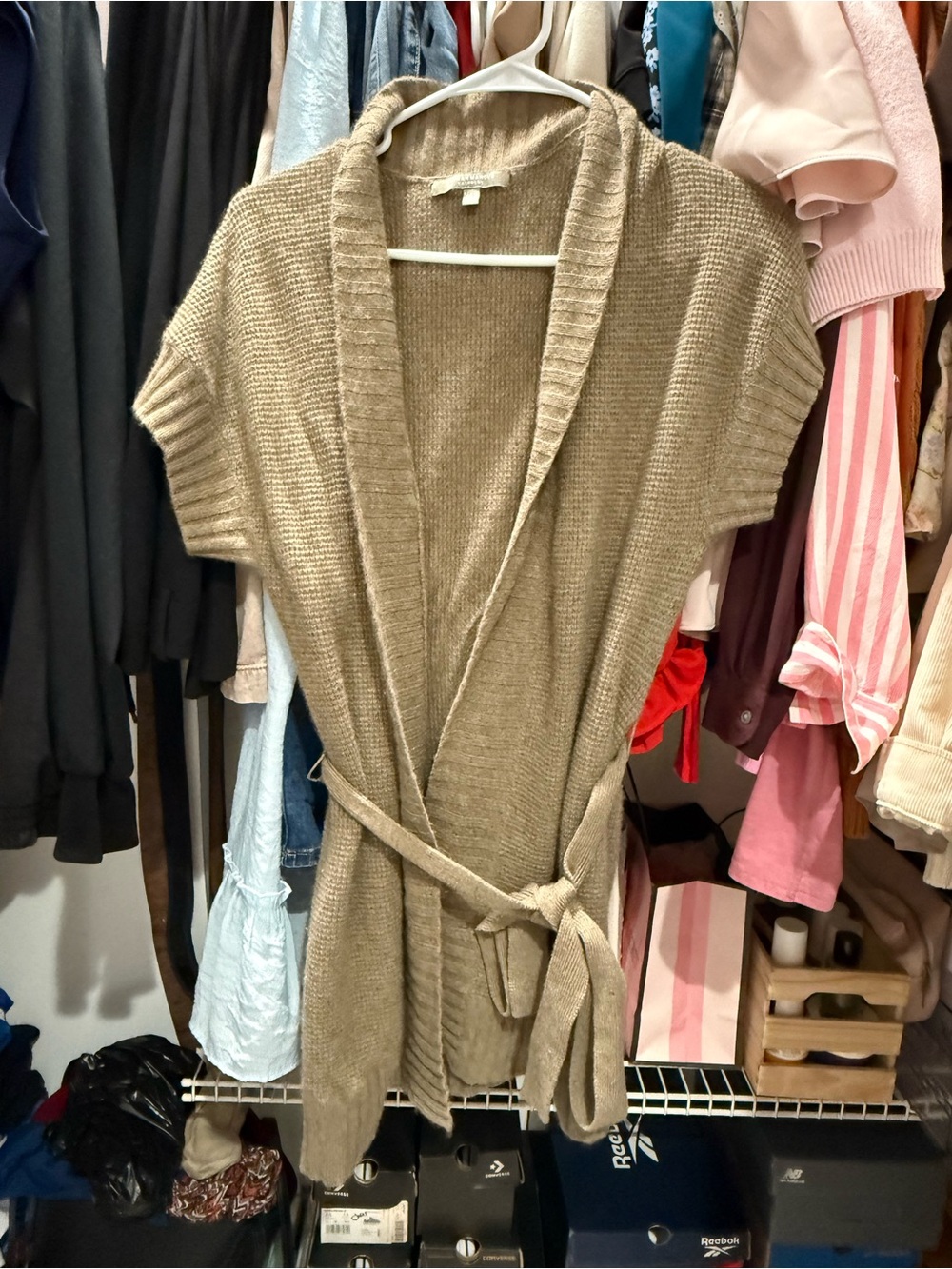 Neiman Marcus Tan Short-Sleeve Belted Open Cardigan